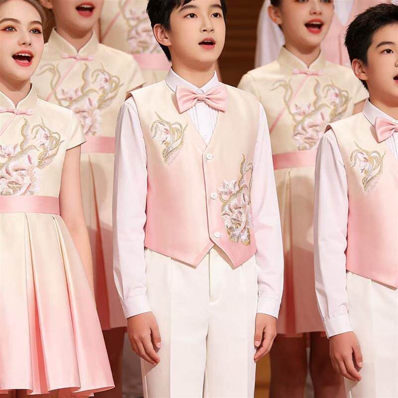 中国风儿童合唱演出服男女童立领刺绣表演服中小学生朗诵演讲礼服