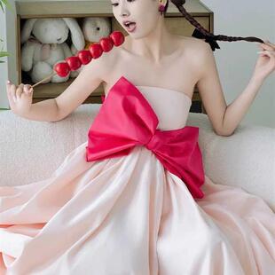 粉色晨袍女新娘敬酒服蝴蝶结小个子甜美少女俏皮可爱订婚晚礼服女