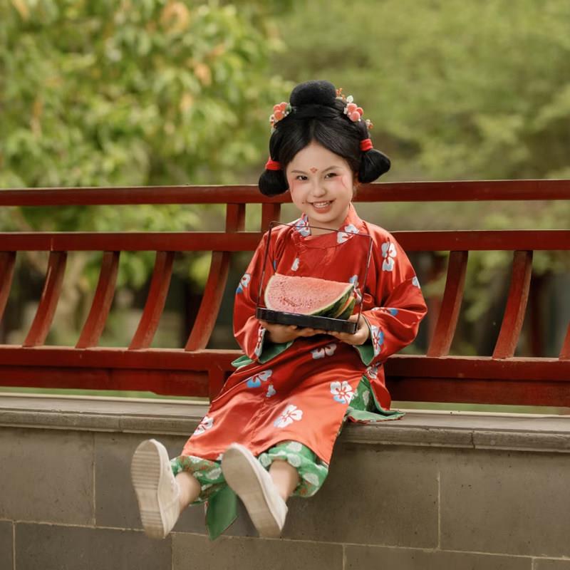 汉服女童童唐装圆领RZD袍儿古装红色中国男演童小少爷国学服元旦