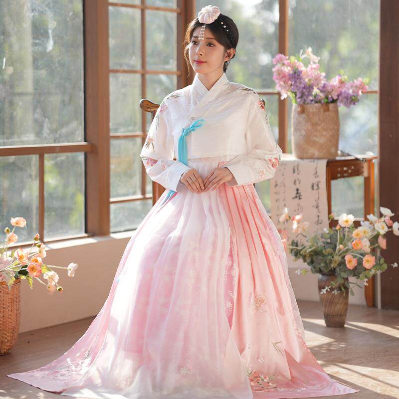 嫩粉色款蕾丝鲜族刺绣花韩服女日常韩服宫廷结婚礼服网红演出舞蹈