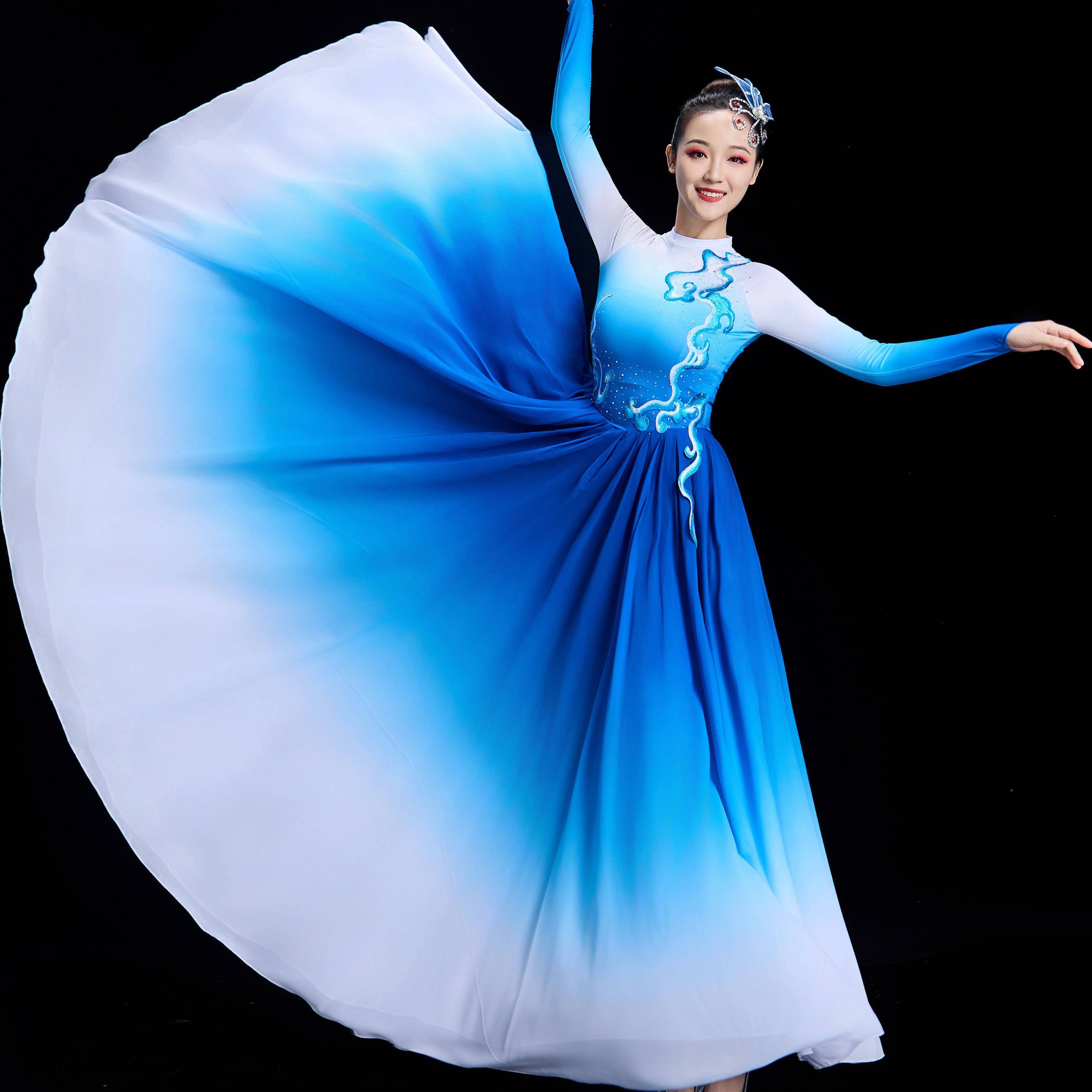 开场舞蓝色大摆裙演出现代舞我的和我祖UGT国大合唱绽放服歌伴舞