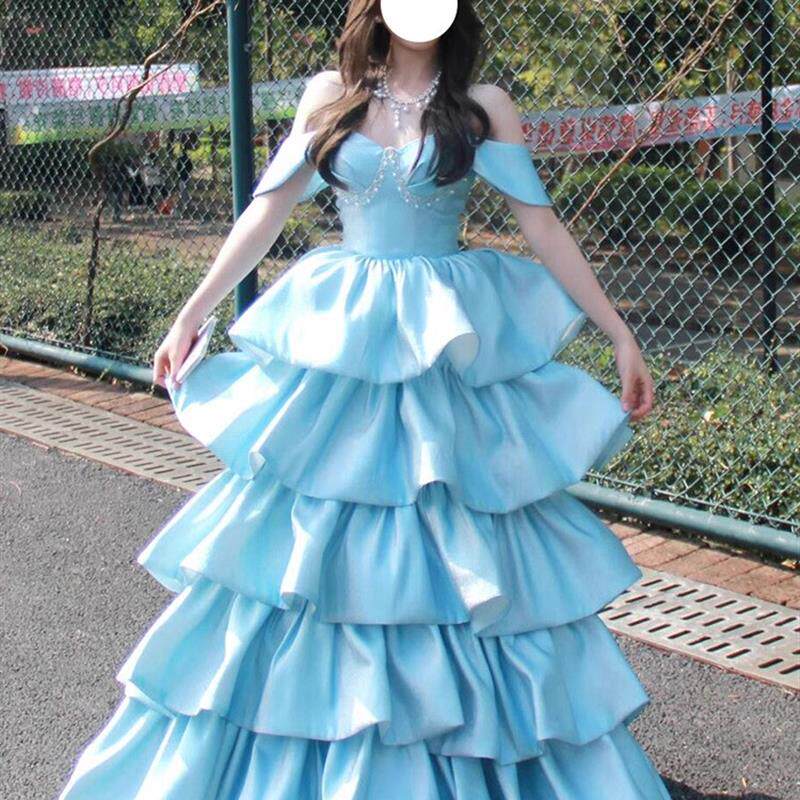 蓝色逃亡公主晚礼服女超级仙女典雅学生日成人典礼考试主持宴会礼