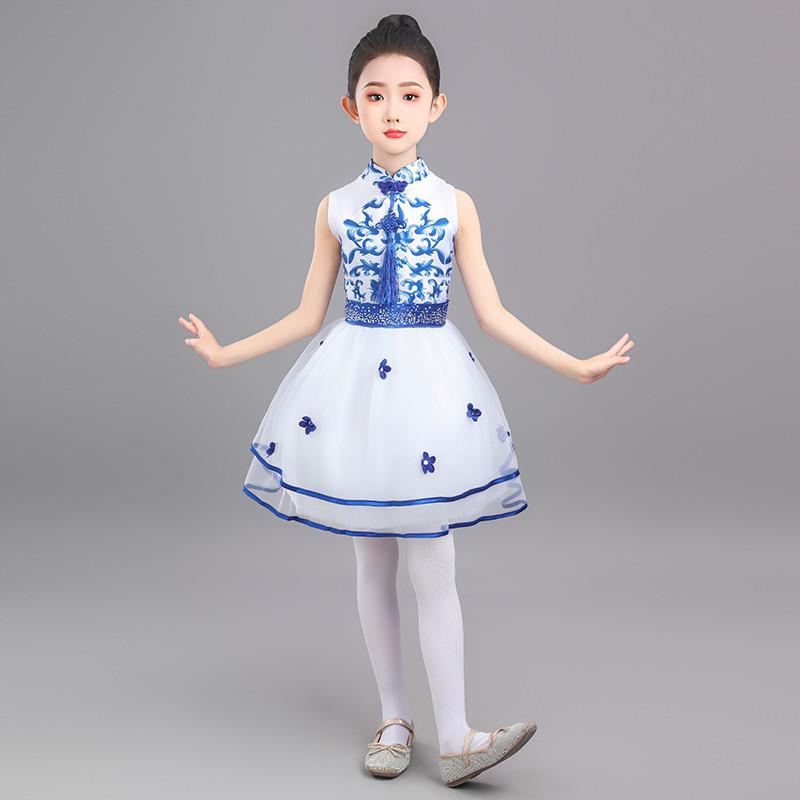 六一儿童合唱演出服高端青花瓷中小学生中国风洋派蓬蓬裙表演服