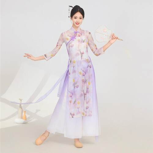 新款旗袍古典舞演出服身韵纱衣中国舞扇子舞表演服旗袍走秀服装