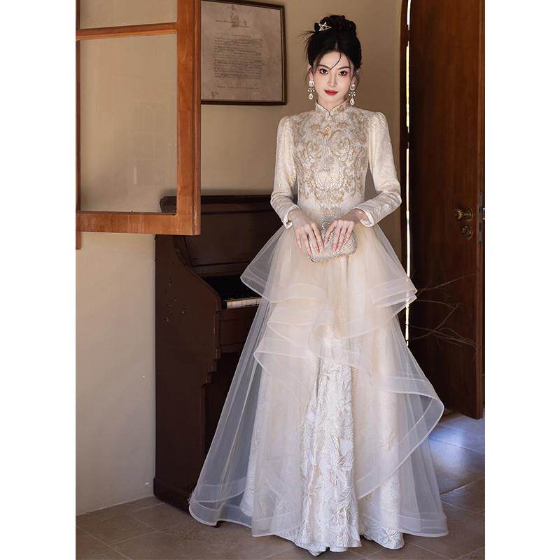 香槟色敬酒服旗袍2026新款新娘冬季长袖新中式订婚礼服结婚出阁宴