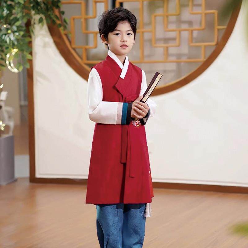 新款韩服男童马甲长裤三件套装朝鲜族少数民族刺绣活动表演服