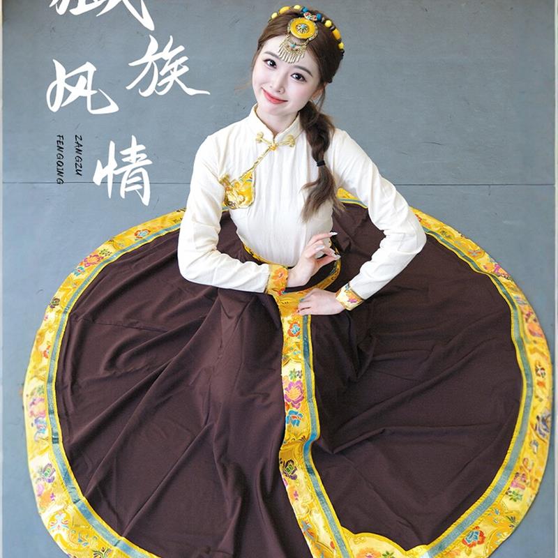 藏族舞蹈演出服装女棕色民族艺考大摆裙藏族舞蹈服藏族剧目练习裙