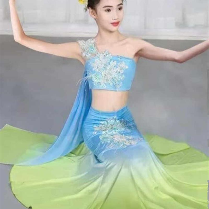 儿童傣族舞蹈服装女少儿傣乡的雨演出服蓝色剧目独舞女童傣族舞蹈