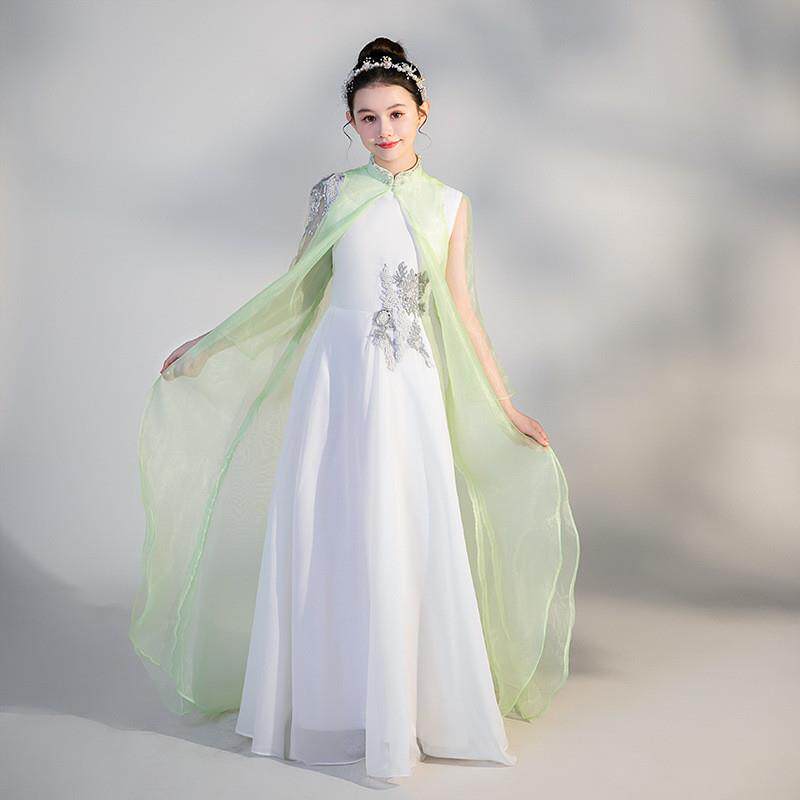女童装中式童装古筝表演服白色雪纺艺术测试服大童装古筝服