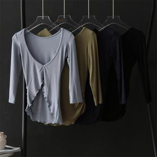 前后两穿 性格螺纹棉露背上衣夏季新款女不规则设计圆领小T恤