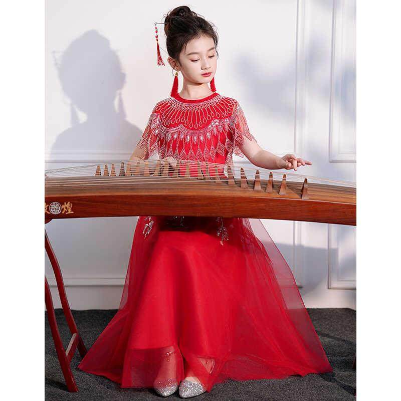 儿童古筝演出服女童考级表演服白色公主生日裙中国风钢琴演奏礼服