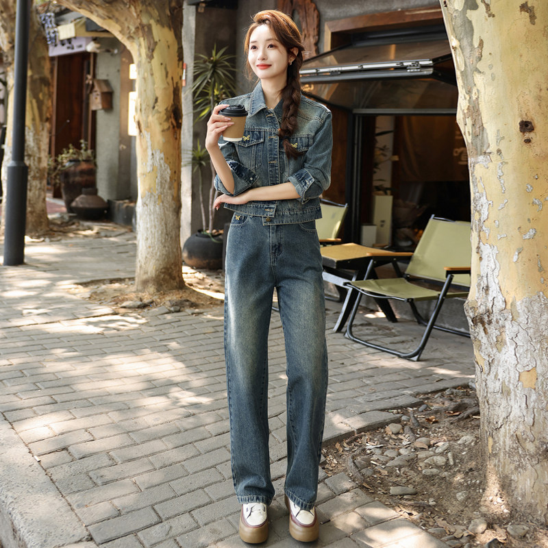 牛仔套装女2025新款春季时尚洋气减龄小个子短款外套裤子两件套潮,女装/女士精品,时尚套装,淘宝优惠券,粉丝福利购,淘宝优惠卷