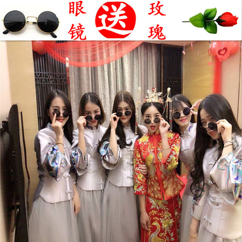中式立领粉色结婚姐妹裙伴娘团春