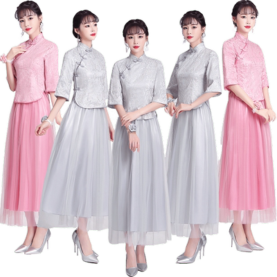 姐妹团礼服中长款灰仙复古显瘦