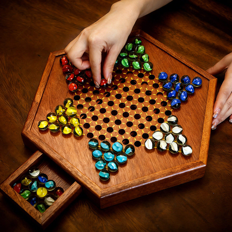 跳棋玻璃球儿童益智木质二合一棋盘大号大人版亲子弹子玛瑙珠跳棋