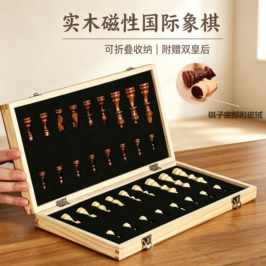 国际磁性象棋实木折叠盘西洋chess儿童学生培训比赛专用送双皇后