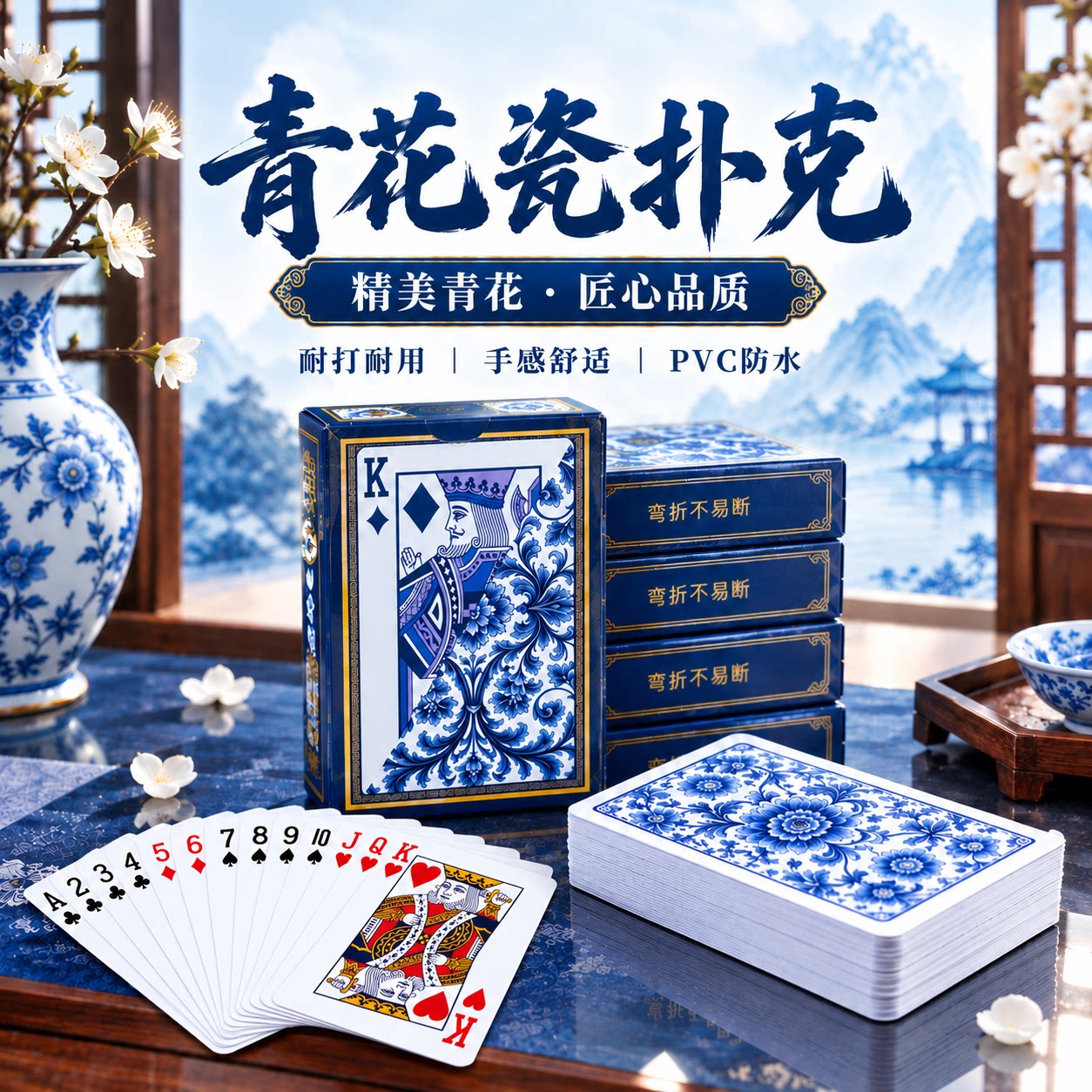 塑料PVC青花瓷扑克牌高档经久耐打不易弯折防水耐磨加厚国风扑克