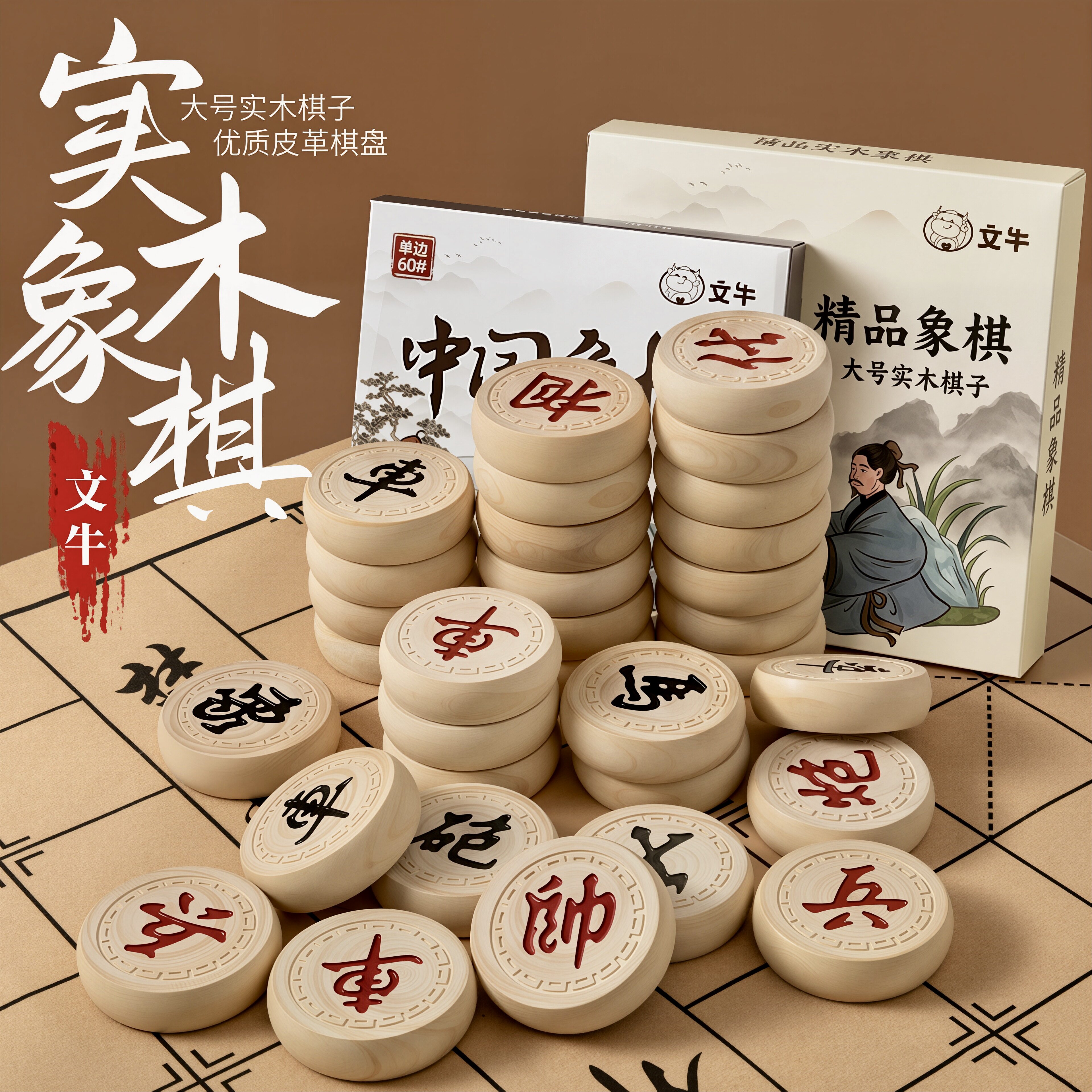 文牛大号实木折叠中国象棋套装图片
