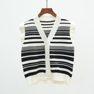 针织开衫 644 设计感V领撞色条纹无袖 时尚 马甲背心女 2025秋冬新款