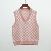 702 针织马甲背心女士叠穿坎肩 V领套头格子无袖 2025新款 秋冬韩版