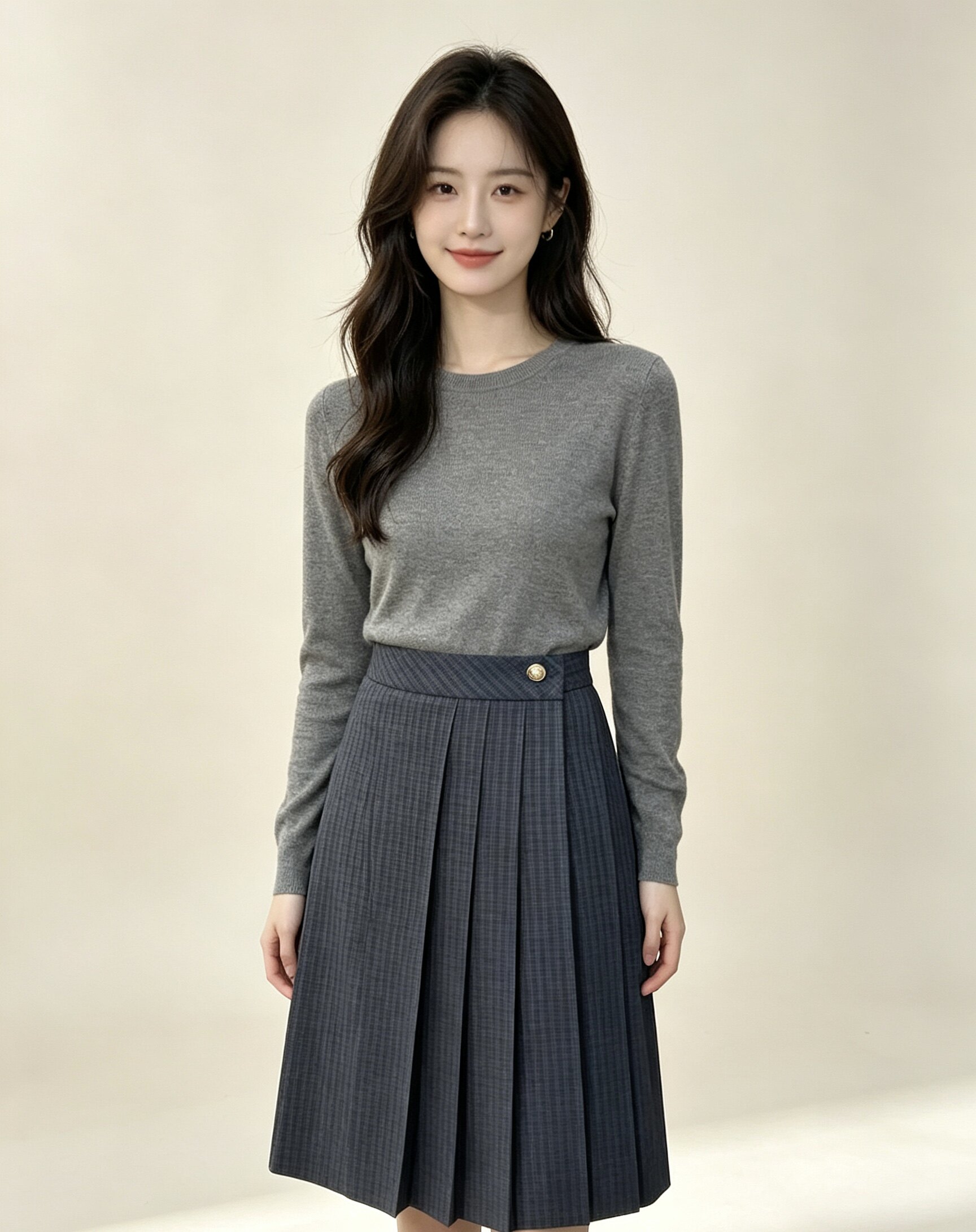 灰色条纹高腰百褶半身裙女2026年秋小个子学院风百搭显瘦a字裙子