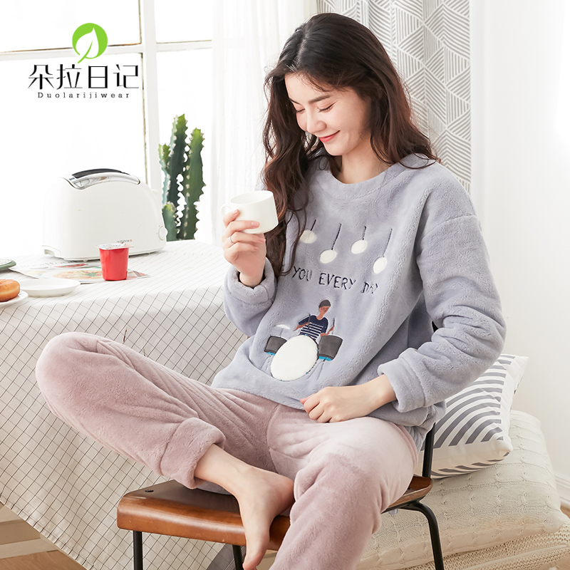 睡衣冬女可爱珊瑚绒韩版清新学生可外穿套装加厚套头秋冬款法兰绒