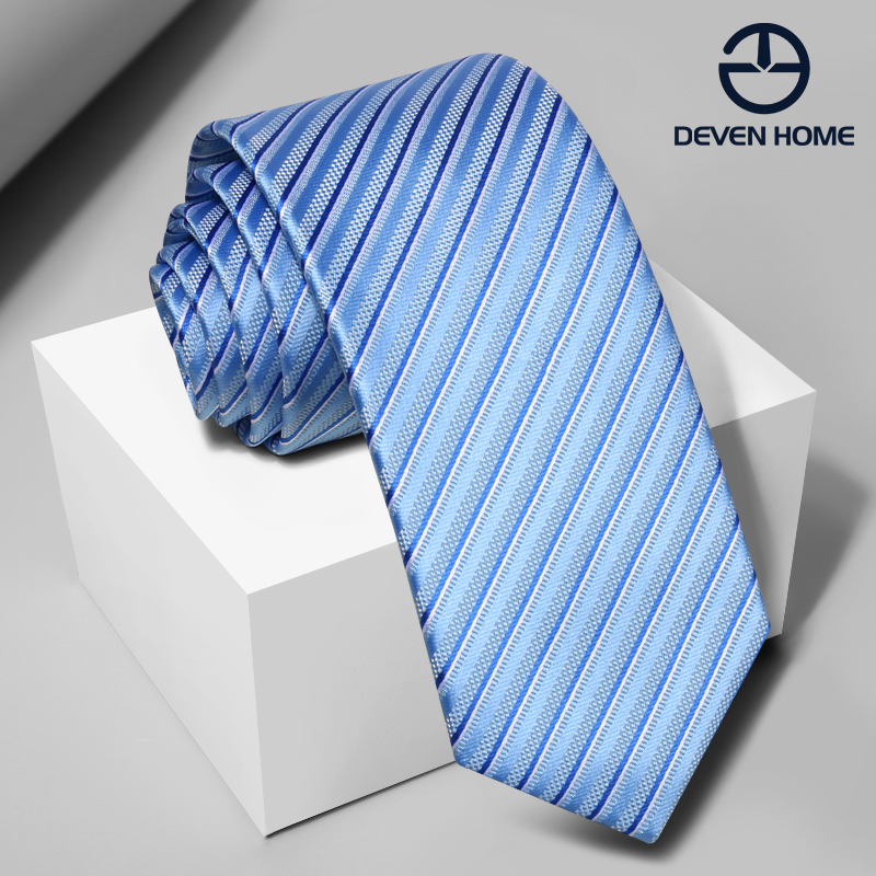 Devenhome休闲男士领带商务正装藏青蓝白色条纹职业OL领带礼盒装