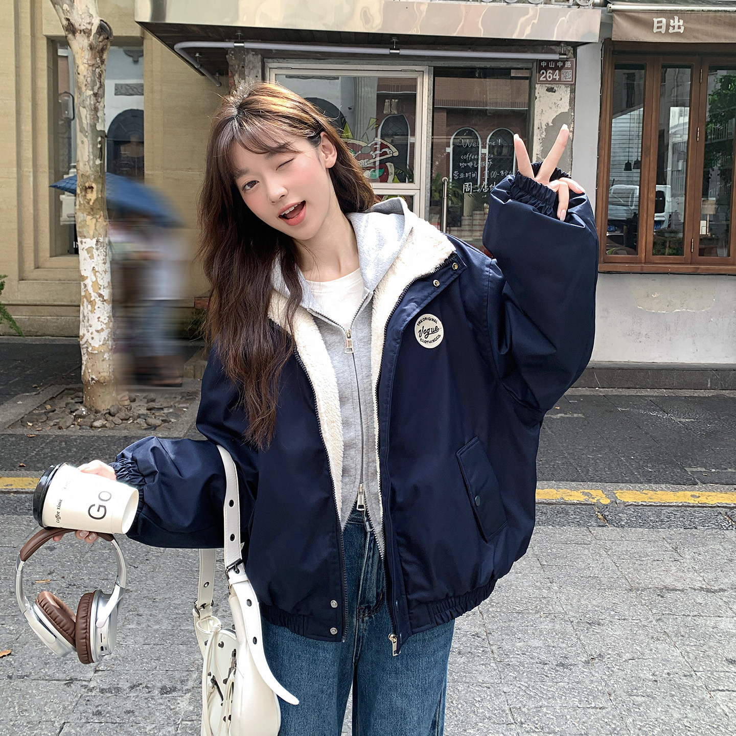 学院风羊羔毛立领飞行员棉服女