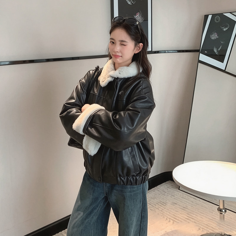 PU皮蛋白皮高级感加厚羊羔毛棉服