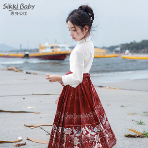 女童马面裙套装2024新款春秋装儿童中国风汉服红色新年衣服拜年服