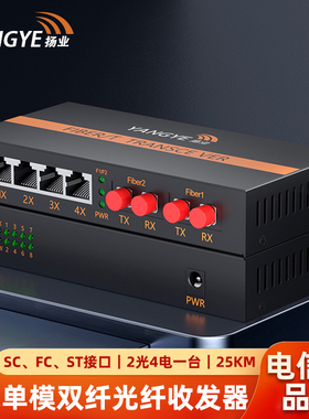 扬业 百兆单模双纤光纤收发器 2光4电 25公里 SC/FC/ST接口 一台装 光电转换器 光纤交换机 YE-FD204-25km