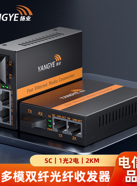 扬业 百兆多模双纤光纤收发器 一光二电 SC接口 2公里 1310nm波长 光电转换器 网络传输延长器 YE-FM102-2