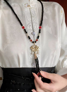 新中式黑色平安锁流苏项链女古风长背云璎珞毛衣链挂件马面裙配饰