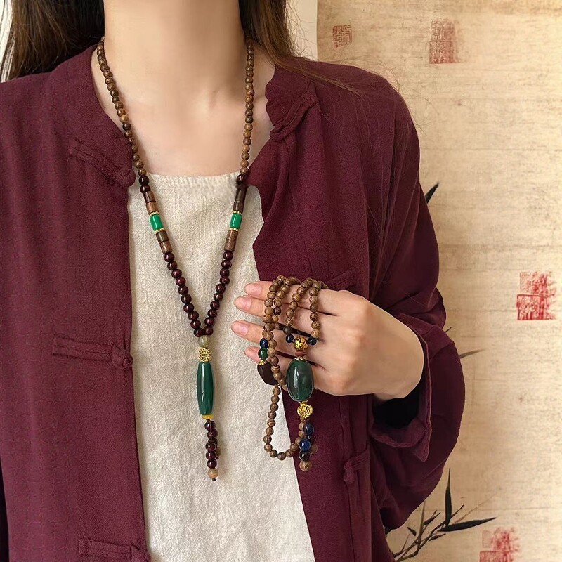 新中式国风民族风复古长款吊坠木佛珠项链男女汉服棉麻挂件装配饰