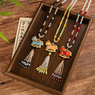 新中式国风旗袍唐装珍珠串珠宋锦生肖马女长款项链毛衣链配饰流苏