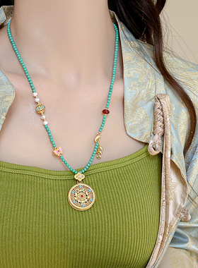 绿松石新中式国风旗袍项链珍珠串珠配饰毛衣链长款高级感轻奢配饰