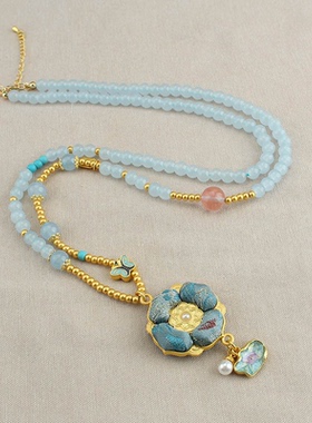 宋锦四叶花珍珠串珠轻奢高级感项链女中式国风毛衣链旗袍配饰简约