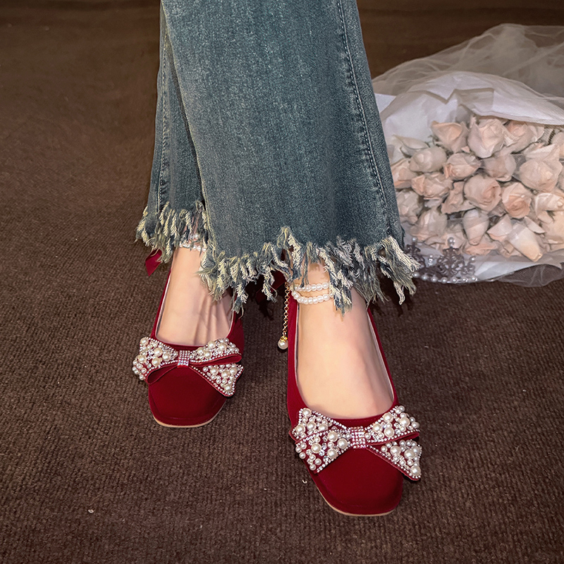 酒红秀禾新娘水钻蝴蝶结高跟鞋