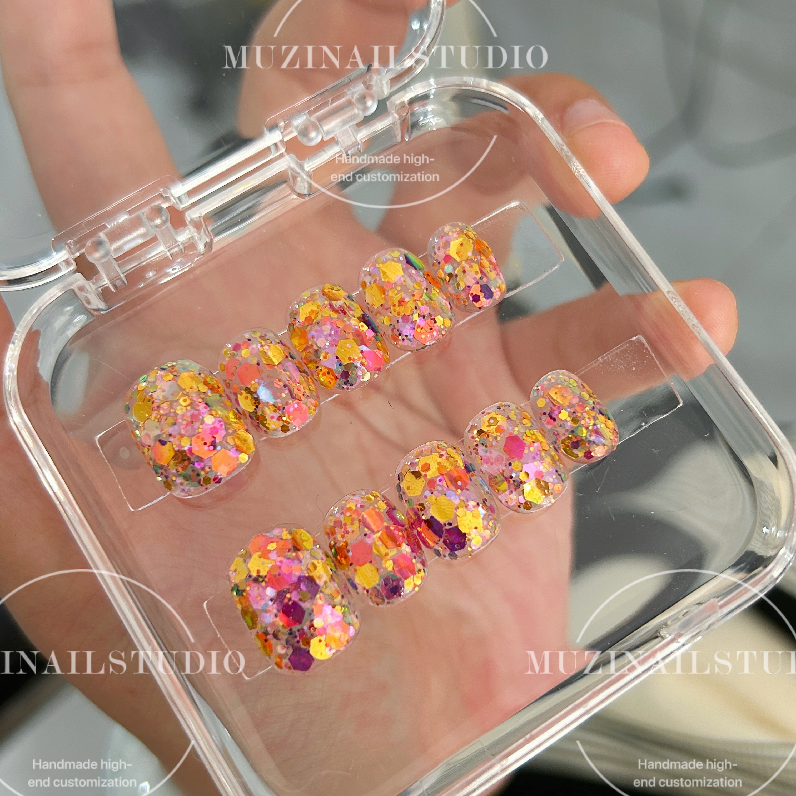 【MUZI穿戴甲】102满手亮片手工定制美甲亮片美甲穿戴甲短款指甲