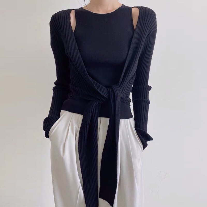 2020早秋欧货藏青色针织开衫背心系带两件套新品毛衣女初秋小开衫