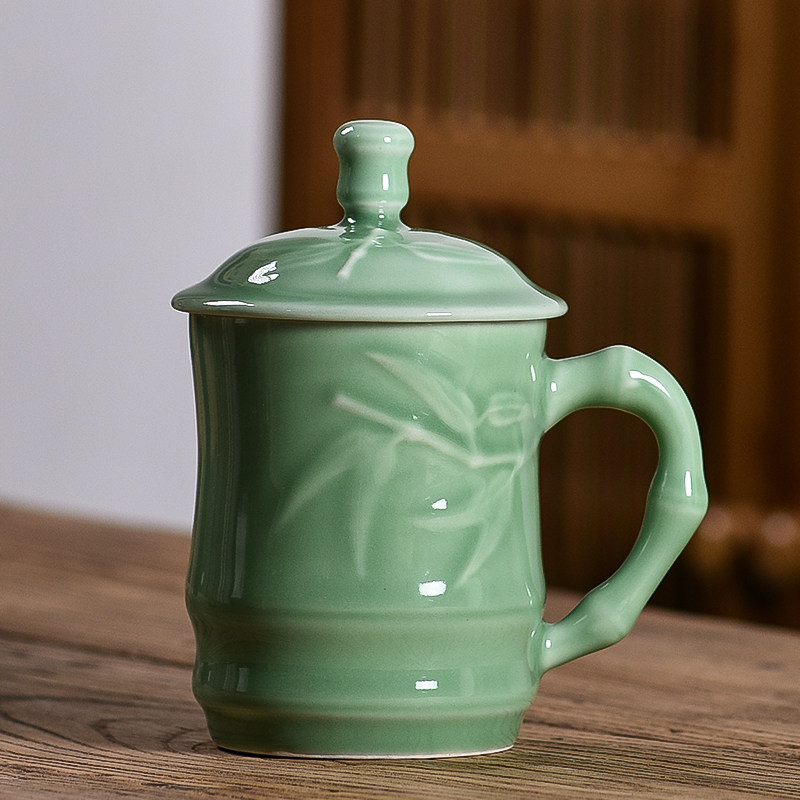 青瓷茶杯复古陶瓷带盖竹叶杯家用办公会议杯足浴店个人定制专用杯,餐饮具,茶杯,淘宝优惠券,粉丝福利购,淘宝优惠卷