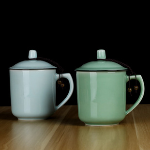 青瓷梅子青茶杯酒店茶馆专用男女水杯陶瓷高档带盖年会礼品杯