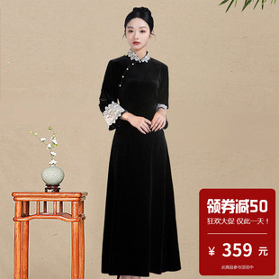 复古风黑色丝绒长旗袍女七分袖蕾丝边气质名媛修身连衣裙日常可穿