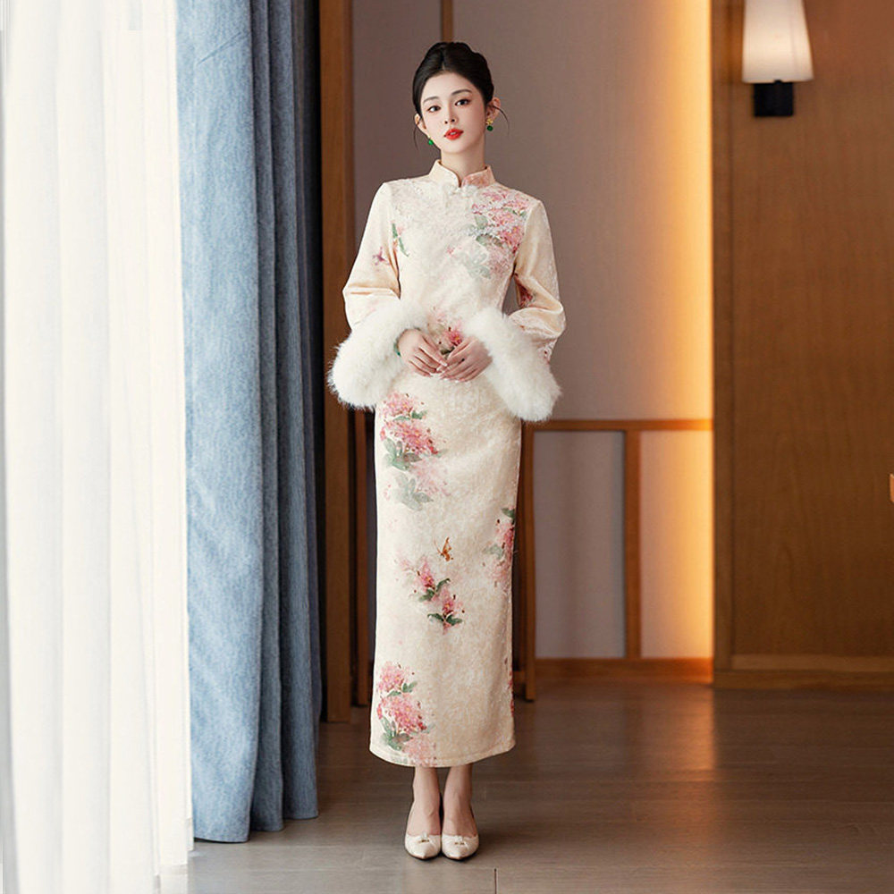 新中式复古风长袖旗袍女加绒加厚改良花色长裙气质日常冬装年轻款,女装/女士精品,旗袍,淘宝优惠券,粉丝福利购,淘宝优惠卷