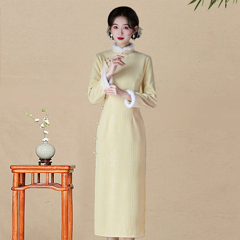 黄色加绒加厚新中式长款旗袍