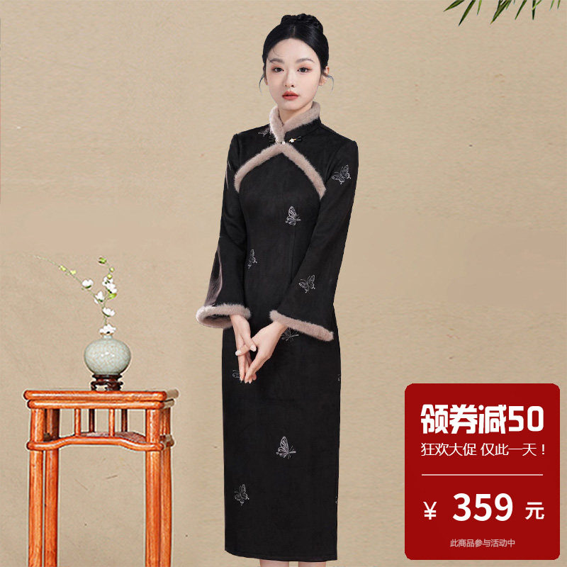 新中式复古风加绒旗袍女黑色中长款长袖优雅气质连衣裙冬装妈妈装