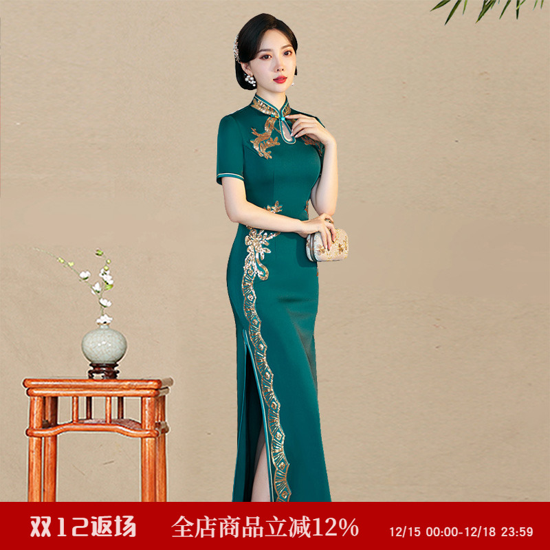 重工亮片刺绣旗袍长款滴水领老上海苏杭海派走秀复古优雅气质礼服