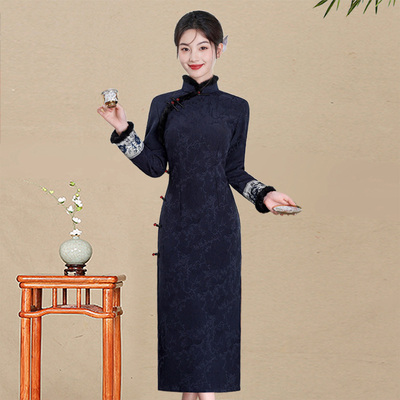 红色加绒加厚中式长款旗袍