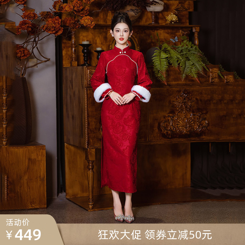 红色加绒加厚冬装国风长袖旗袍