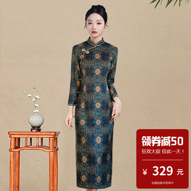 复古风长袖旗袍女中长款日常可穿气质连衣裙中国风斜襟滚边妈妈装